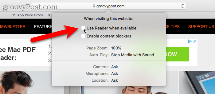 Mac için Safari'de Kullanıldığında Reader'ı Devre Dışı Bırak