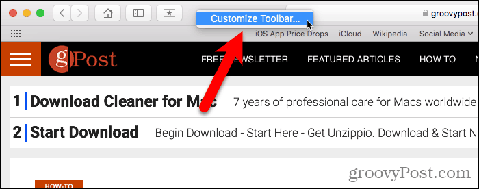 Mac için Safari'de Araç Çubuğunu Özelleştir'i seçin
