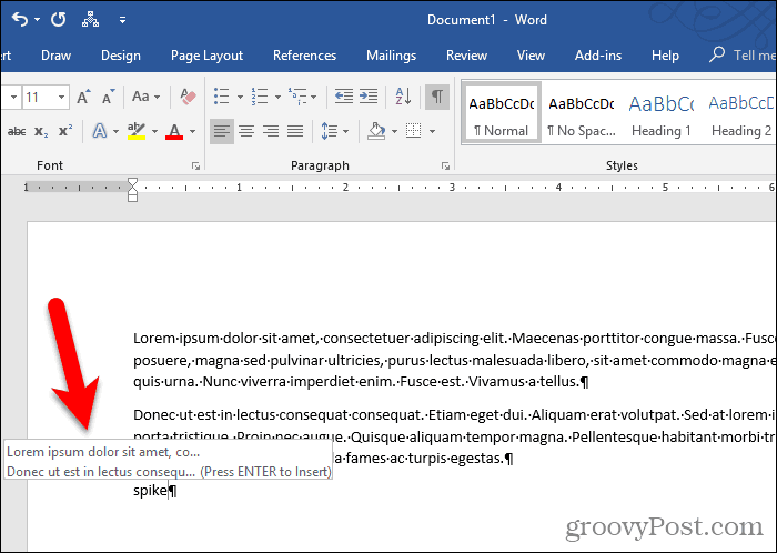 Textul lipit în document și încă în Spike