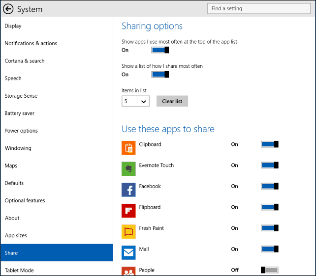 ตัวเลือกการแชร์ Windows 10