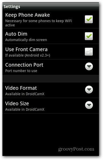 Paramètres de l'application DroidCam Android