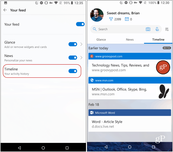 Časová osa prohlížeče Microsoft Launcher Chrome