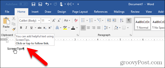 Kirjanmerkki piilotettu eikä Ctrl + napsauta Wordin ScreenTip-painiketta