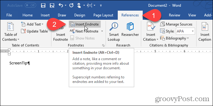 Napsauta Endnote Wordissä