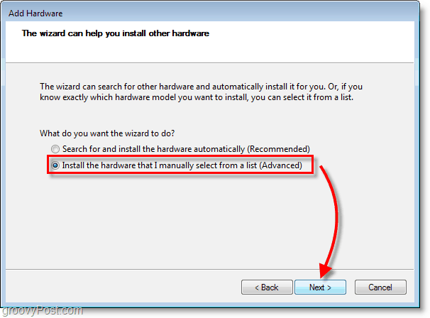 Schermafbeelding van Windows 7-netwerk - klik op de hardware installeren die ik handmatig selecteer in een lijst (Geavanceerd)