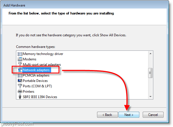 Skjermbilde av Windows 7 Networking - velg nettverkskort