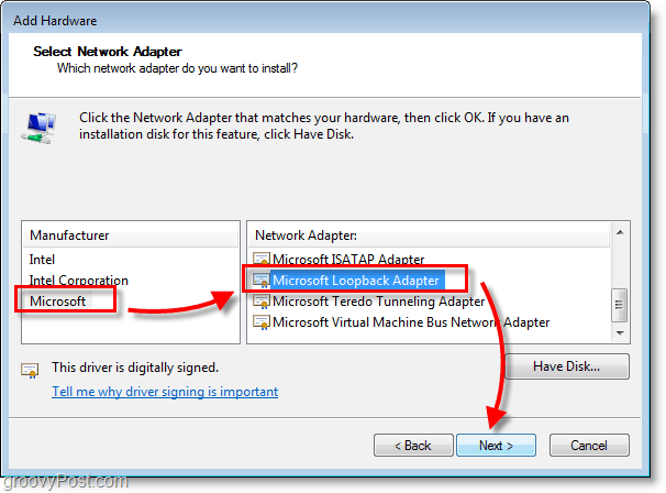 Schermafbeelding van Windows 7-netwerk Selecteer Microsoft> Microsoft Loopback-adapter