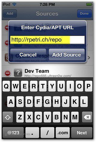 Cydia APT URL’sini girin