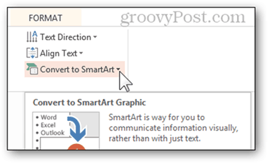 Az intelligens művészet átalakítása szaggatottan felsorolt ​​felsorolások listájának bullet powerpoint power point átalakítása 2013 szolgáltatás gomb formátum opciók