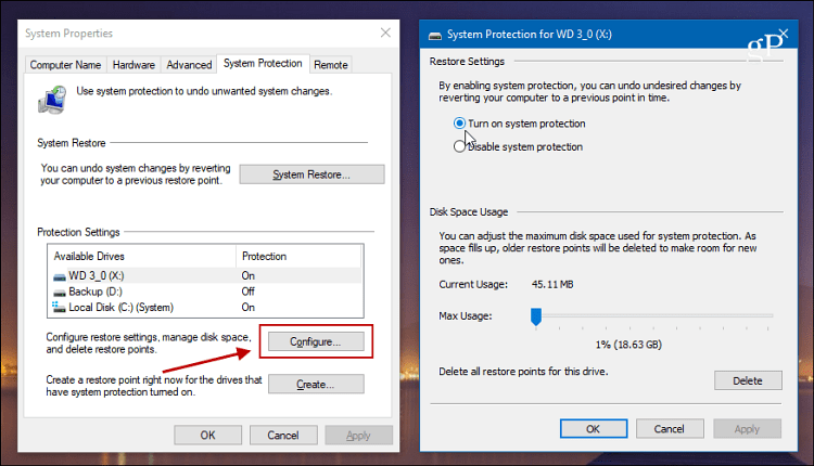 Ativar Restauração do sistema Windows 10