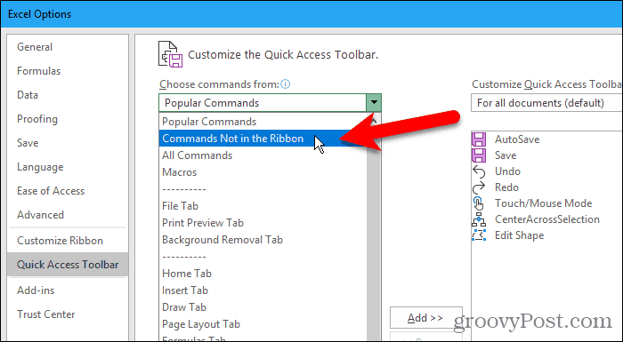 Seleziona Comandi non nella barra multifunzione nella finestra di dialogo Opzioni di Excel