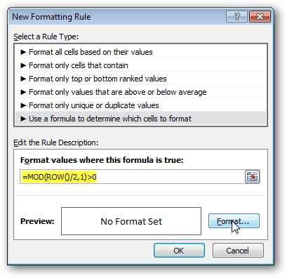 fórmula de Excel para crear filas con bandas