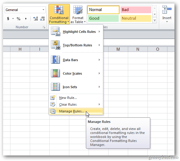 spravovat pravidla aplikace Excel 2007 nebo 2010