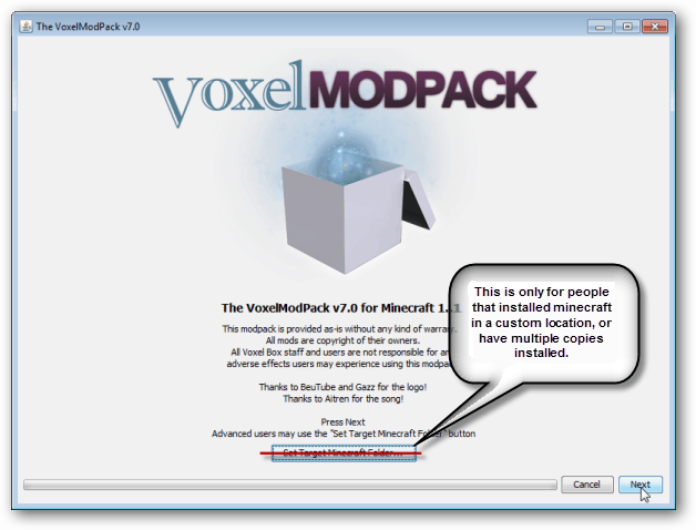 clique em Avançar, o instalador do voxelmodpack