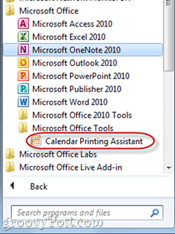 Assistente de impressão de calendário do Outlook 2010