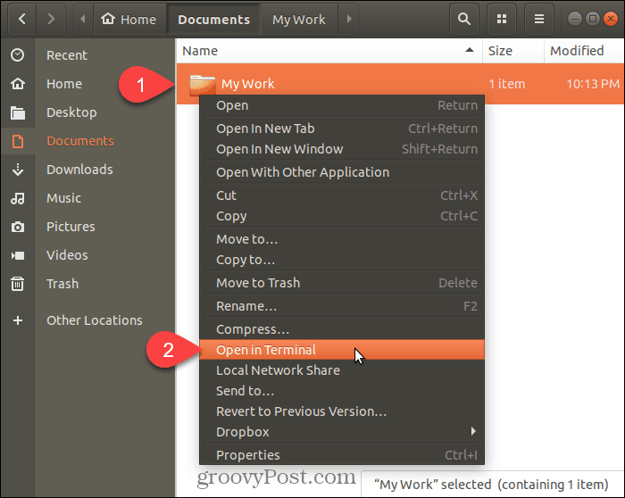 Επιλέξτε Άνοιγμα στο τερματικό στο Ubuntu Linux