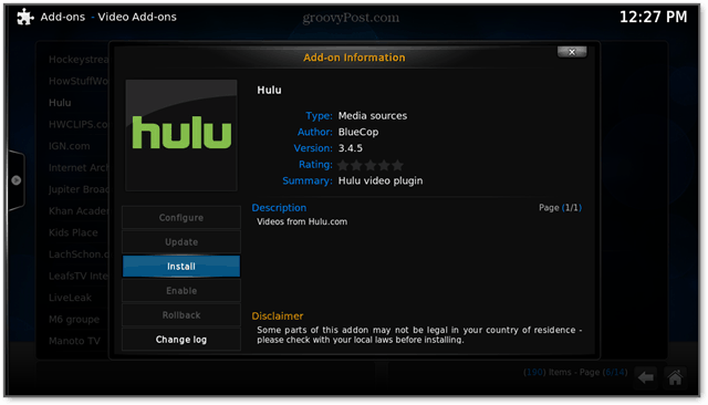 installera hulu tillägg xbmc