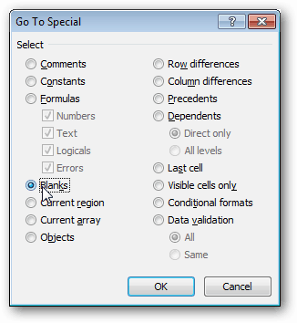 selectați celulele goale din microsoft excel