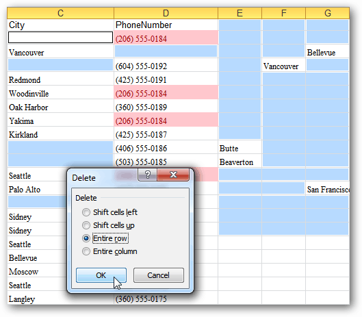 Ištrinkite visą eilutę „Excel“