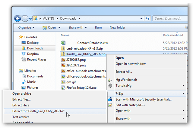 descompacte kindle fire utility zip folder