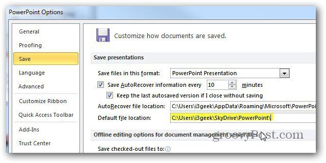 Percorso SkyDrive di PowerPoint