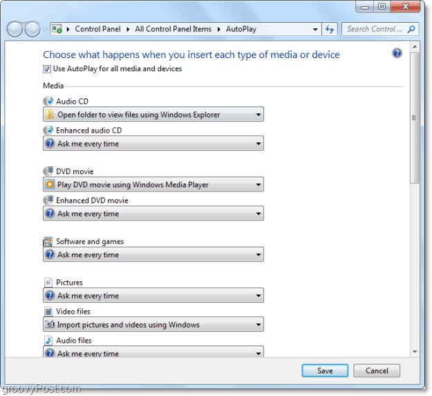 ρυθμίστε τον τρόπο με τον οποίο η αυτόματη αναπαραγωγή ανοίγει το μέσο στο windwos 7