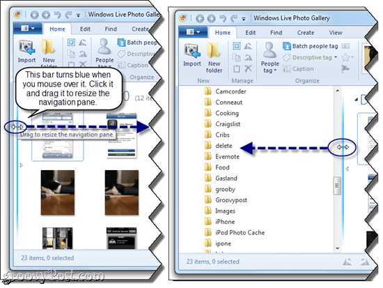 Преоразмерете панела за навигация в Windows Live Photo Gallery