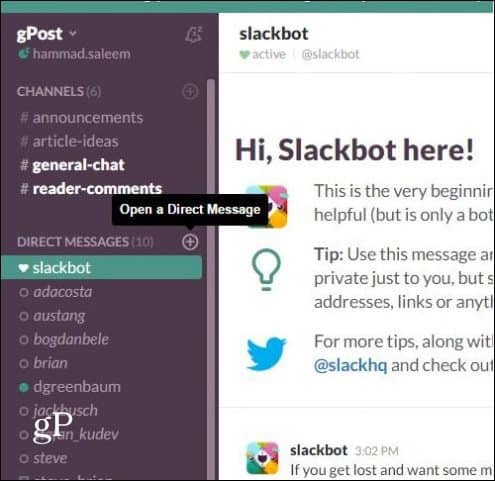 Mensagem direta do Slack Open