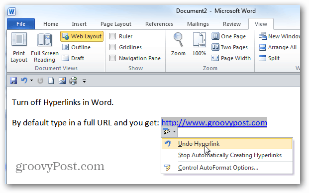 Voorkom dat MS Word een hyperlink maakt tijdens het typen van een URL