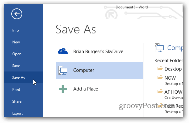 Opriți Office 2013 din Afișarea vizualizării din culise la salvarea fișierelor