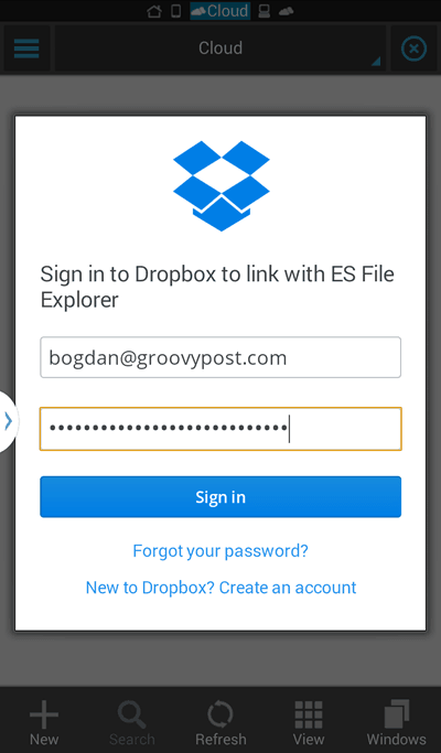 Dropbox de login do ES File Explorer