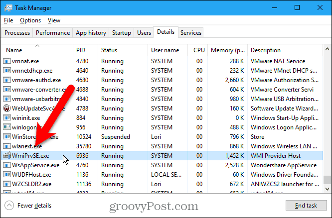 タスクマネージャーで実行されているWmiPrvSE.exeサービス