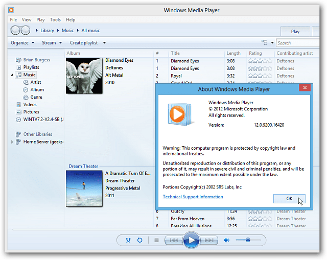 Windows 8デスクトップ上のWindows Media Player