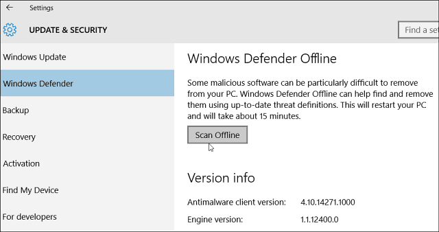 Windows 10 Defender για να επιτρέπεται η σάρωση εκτός σύνδεσης για κακόβουλο λογισμικό