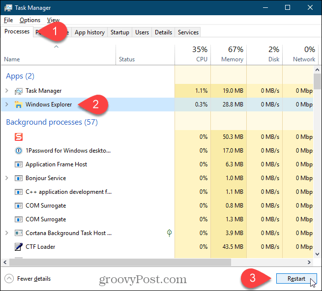 Selectați procesul Windows Explorer și faceți clic pe Repornire în Windows 10