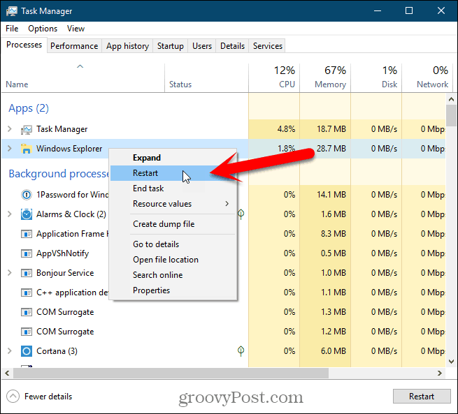 Faceți clic dreapta pe procesul Windows Explorer și selectați Reporniți în Windows 10 Task Manager