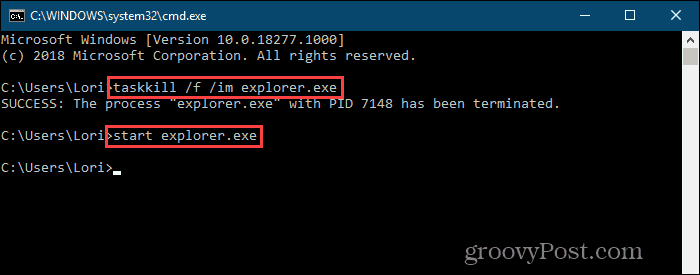 Ucideți procesul explorer.exe și reporniți-l pe linia de comandă în Windows 10