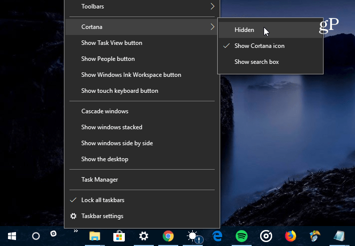 nascondi Cortana Search Box