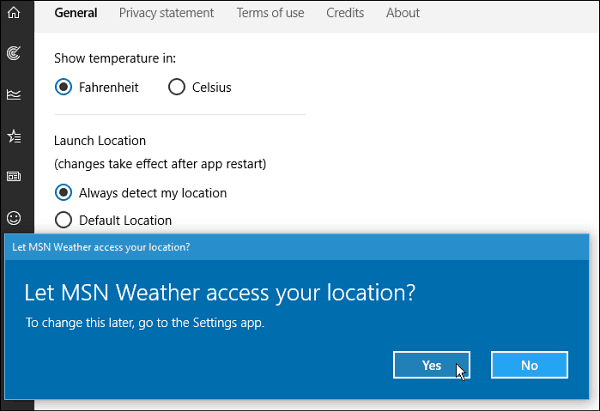 Configurações do aplicativo de clima