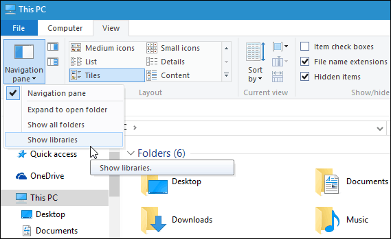 Tips för Windows 10: Få bibliotek att dyka upp i File Explorer