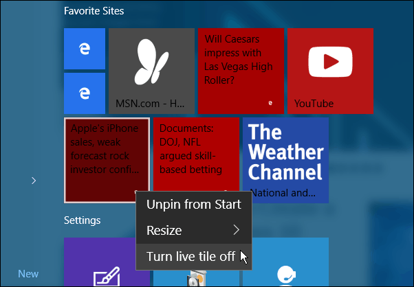 Désactiver le menu Démarrer de Windows 10 Live Tile