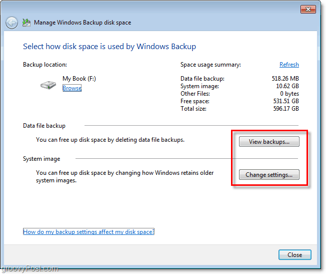 Windows 7 Backup - affichez votre sauvegarde ou modifiez les paramètres pour ajuster la taille