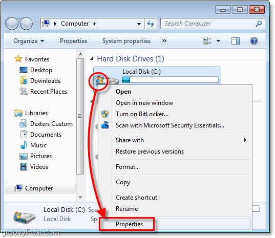 Backup di Windows 7 - disco locale c: proprietà