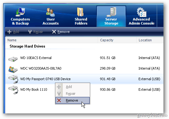 Windows Home Server: Ulkoisen kiintolevyn poistaminen