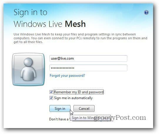 ลงชื่อเข้าใช้ Windows Live