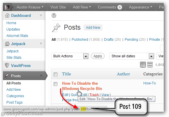 vyhľadajte ID príspevku vo formáte wordpress vo wp-admin / edit