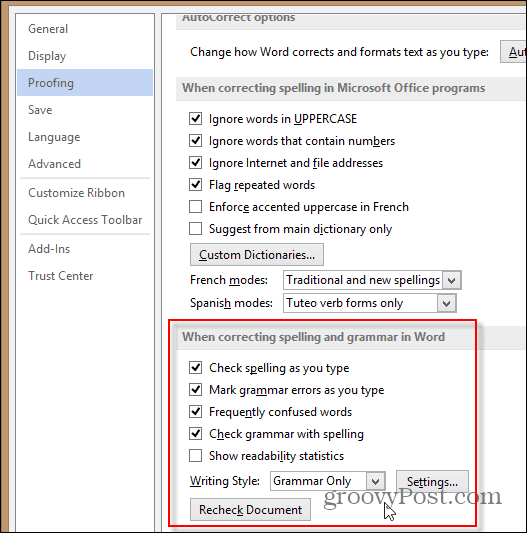 word 2013 configura le impostazioni di grammatica e stile