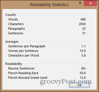 statistiche del documento di leggibilità di word 2013