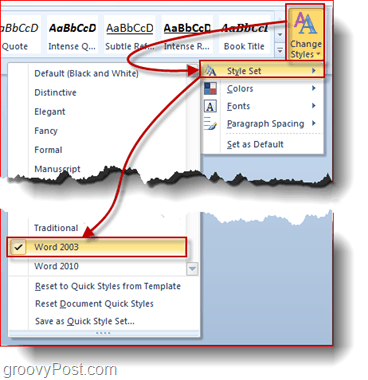 cambia lo stile set di office 2010 in office 2003
