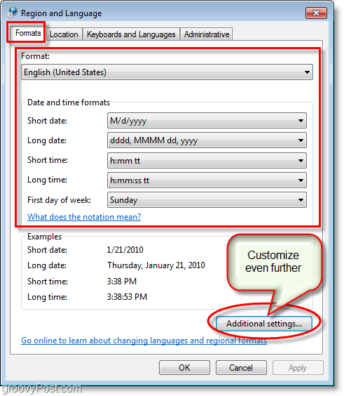 Windows 7-skærmbillede ændrer indstillingerne for region og sprogformater